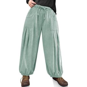 TARSE Womens Corduroy Harem Pants Casual Loose Fit Baggy Elastic Waist Lantern Casual Pants with Pockets(Gray Green)