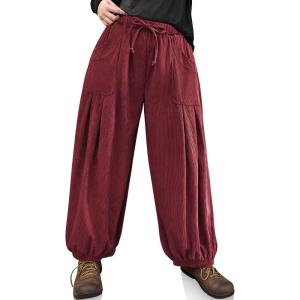 TARSE Womens Corduroy Harem Pants Casual Loose Fit Baggy Elastic Waist Lantern Casual Pants with Pockets(Wine)