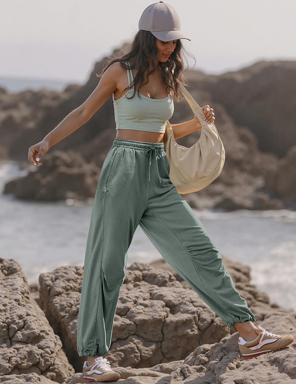 imageTARSE Sweatpants for Women Cinch Bottom Baggy Athletic Joggers Lounge Pants with PocketsLight Gray Green