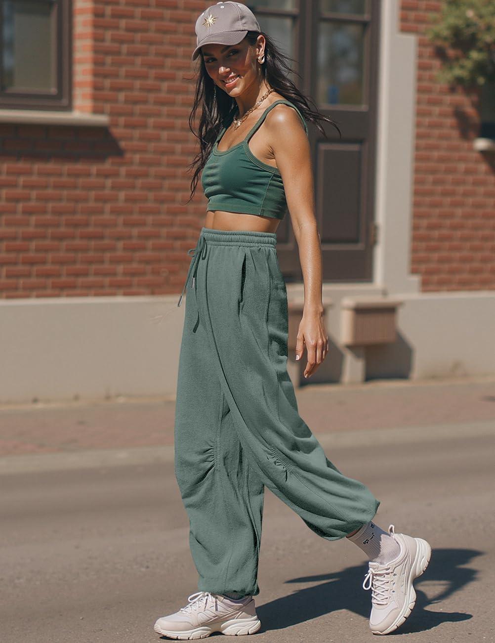 imageTARSE Sweatpants for Women Cinch Bottom Baggy Athletic Joggers Lounge Pants with PocketsLight Gray Green