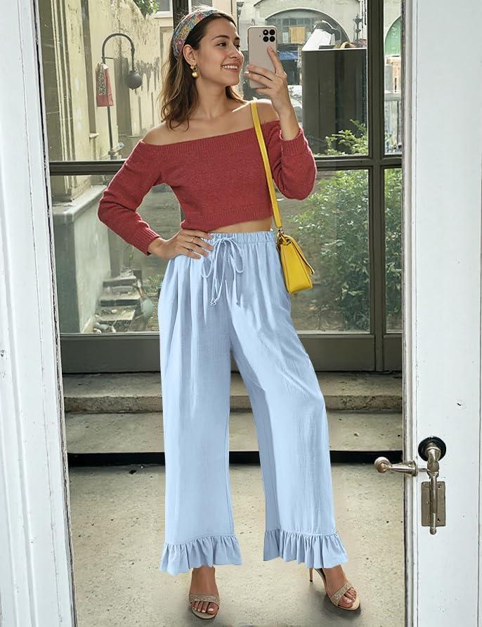 imageTARSE Womens Linen Casual Pants Flared Leg Wide Leg Drawstring Ruffle Harem Palazzo Pants with PocketsAqua Blue