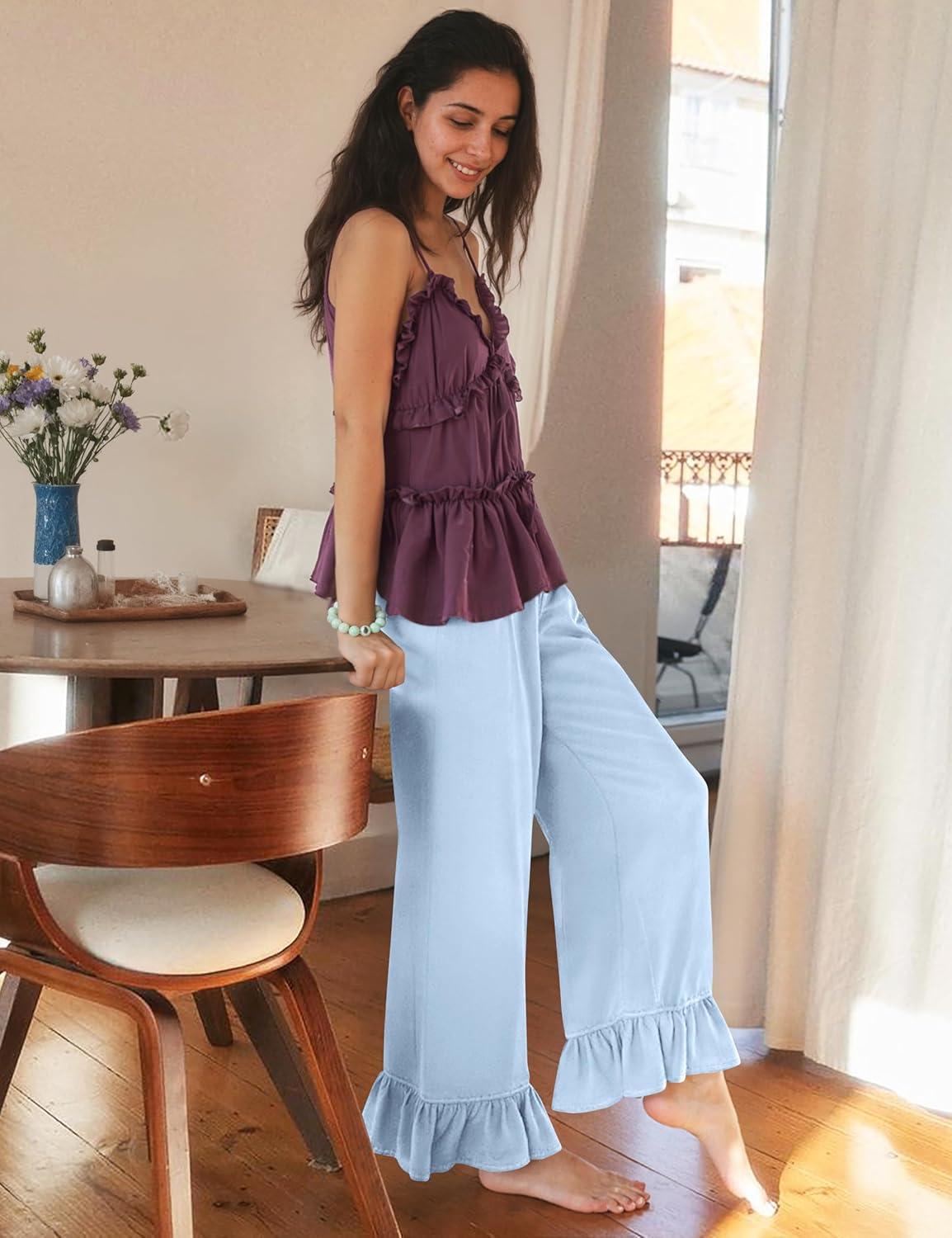 imageTARSE Womens Linen Casual Pants Flared Leg Wide Leg Drawstring Ruffle Harem Palazzo Pants with PocketsAqua Blue