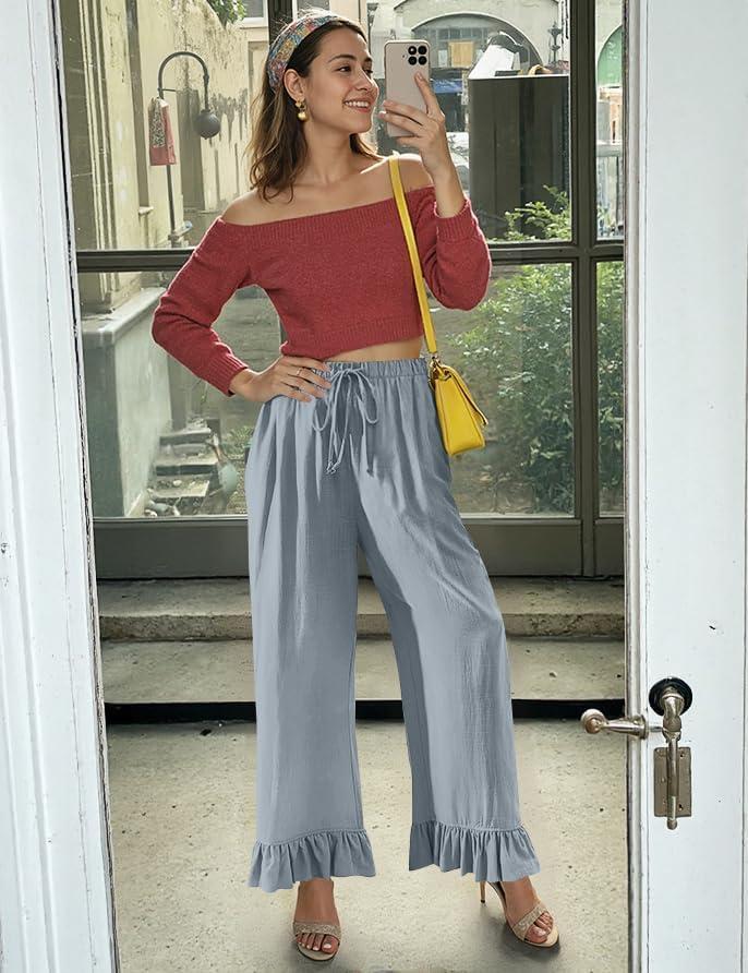 imageTARSE Womens Linen Casual Pants Flared Leg Wide Leg Drawstring Ruffle Harem Palazzo Pants with PocketsLight Gray Blue