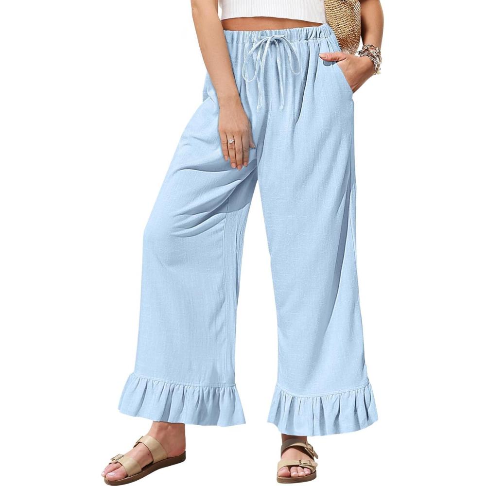 imageTARSE Womens Linen Casual Pants Flared Leg Wide Leg Drawstring Ruffle Harem Palazzo Pants with PocketsAqua Blue
