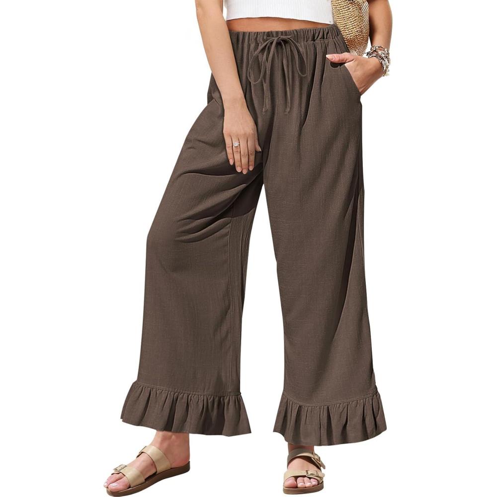 imageTARSE Womens Linen Casual Pants Flared Leg Wide Leg Drawstring Ruffle Harem Palazzo Pants with PocketsDark Coffee
