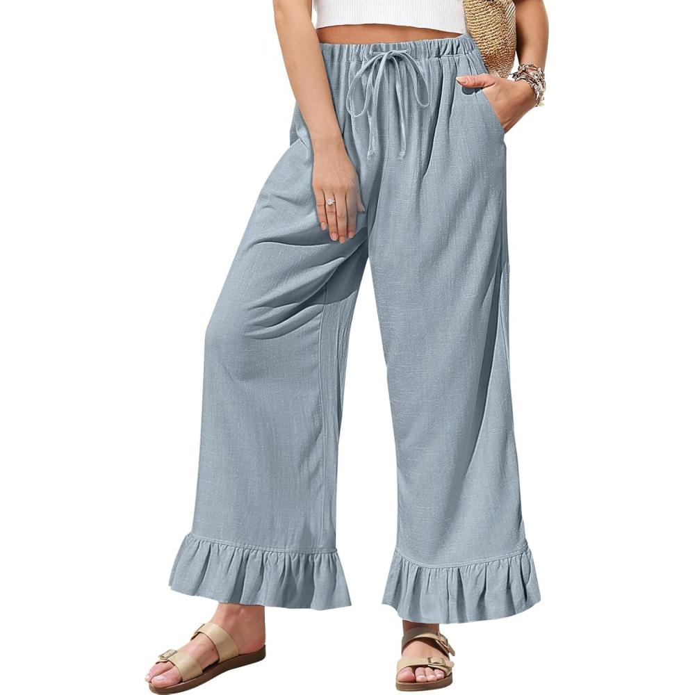 imageTARSE Womens Linen Casual Pants Flared Leg Wide Leg Drawstring Ruffle Harem Palazzo Pants with PocketsLight Gray Blue