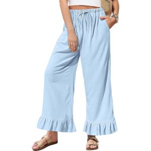 TARSE Women’s Linen Casual Pants Flared Leg Wide Leg Drawstring Ruffle Harem Palazzo Pants with Pockets(Aqua Blue)