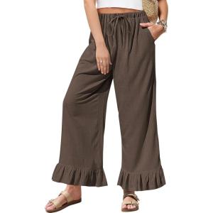 TARSE Women’s Linen Casual Pants Flared Leg Wide Leg Drawstring Ruffle Harem Palazzo Pants with Pockets(Dark Coffee)