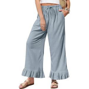 TARSE Women’s Linen Casual Pants Flared Leg Wide Leg Drawstring Ruffle Harem Palazzo Pants with Pockets(Light Gray Blue)