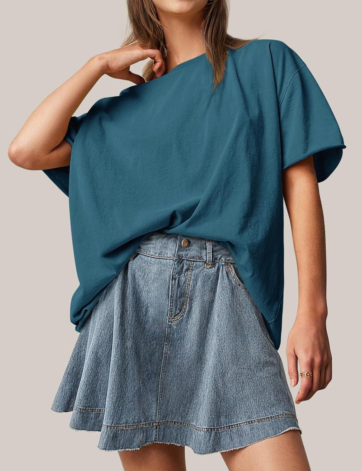 imageTARSE Oversized Tshirts for Women 2024 Loose Fit Summer Tunic Tops Soft Cotton Short Sleeve Boxy TeeBluebell