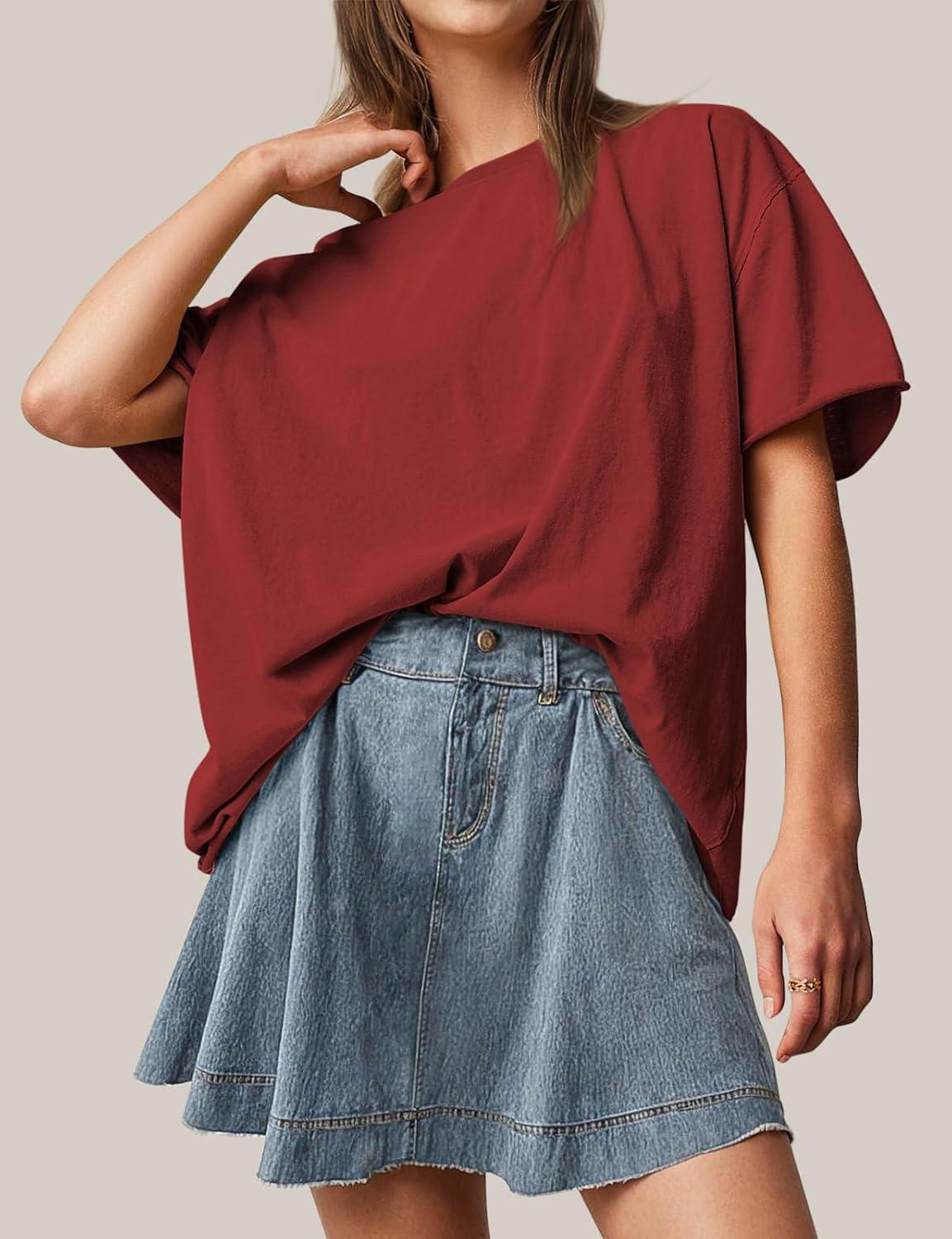 imageTARSE Oversized Tshirts for Women 2024 Loose Fit Summer Tunic Tops Soft Cotton Short Sleeve Boxy TeeBrownie