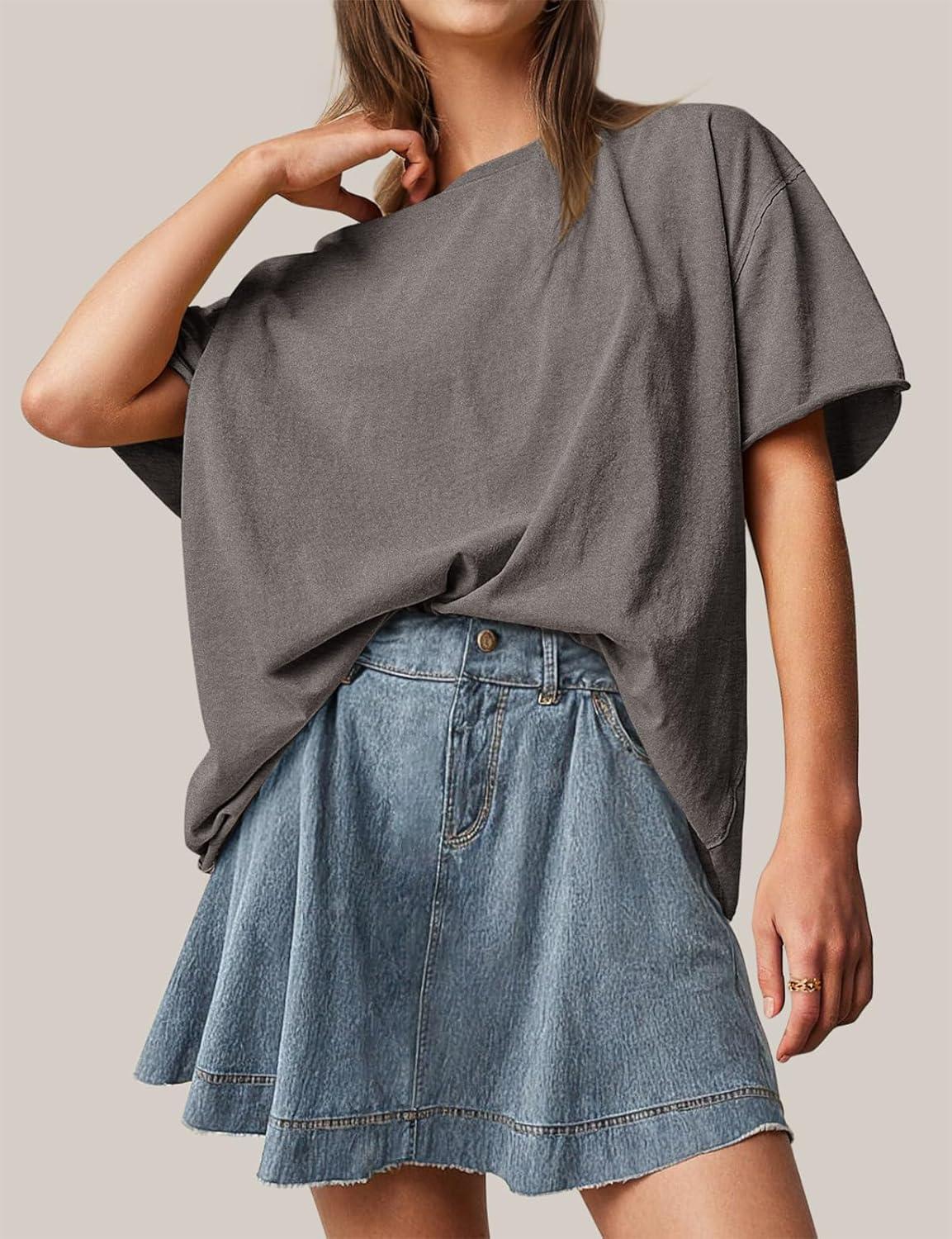 imageTARSE Oversized Tshirts for Women 2024 Loose Fit Summer Tunic Tops Soft Cotton Short Sleeve Boxy TeeHeather Grey