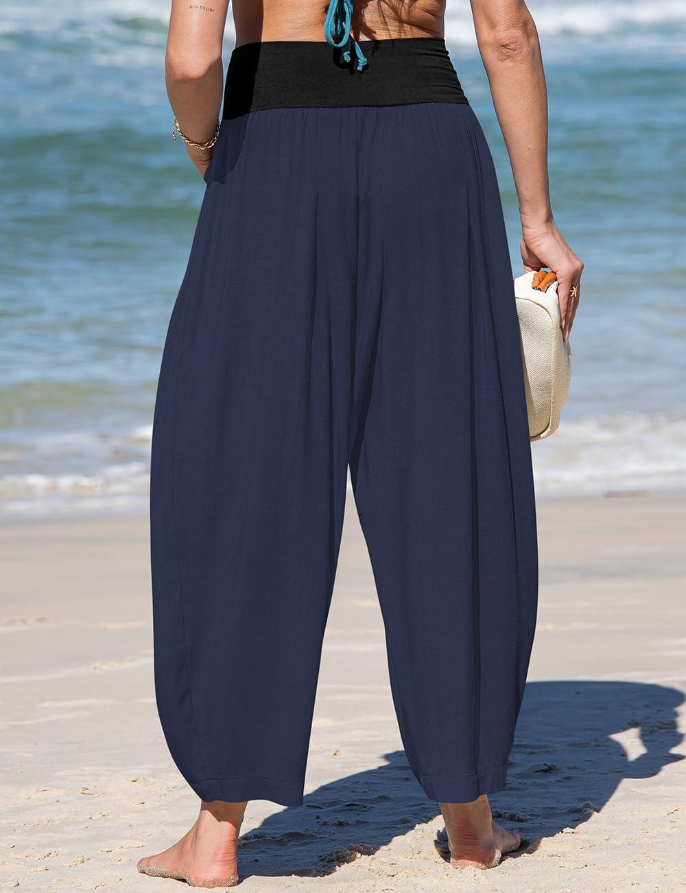 imageTARSE Womens Linen Harem Pants Loose Fit Boho Casual Trousers Wide Leg Lounge Pants with PocketsNavy