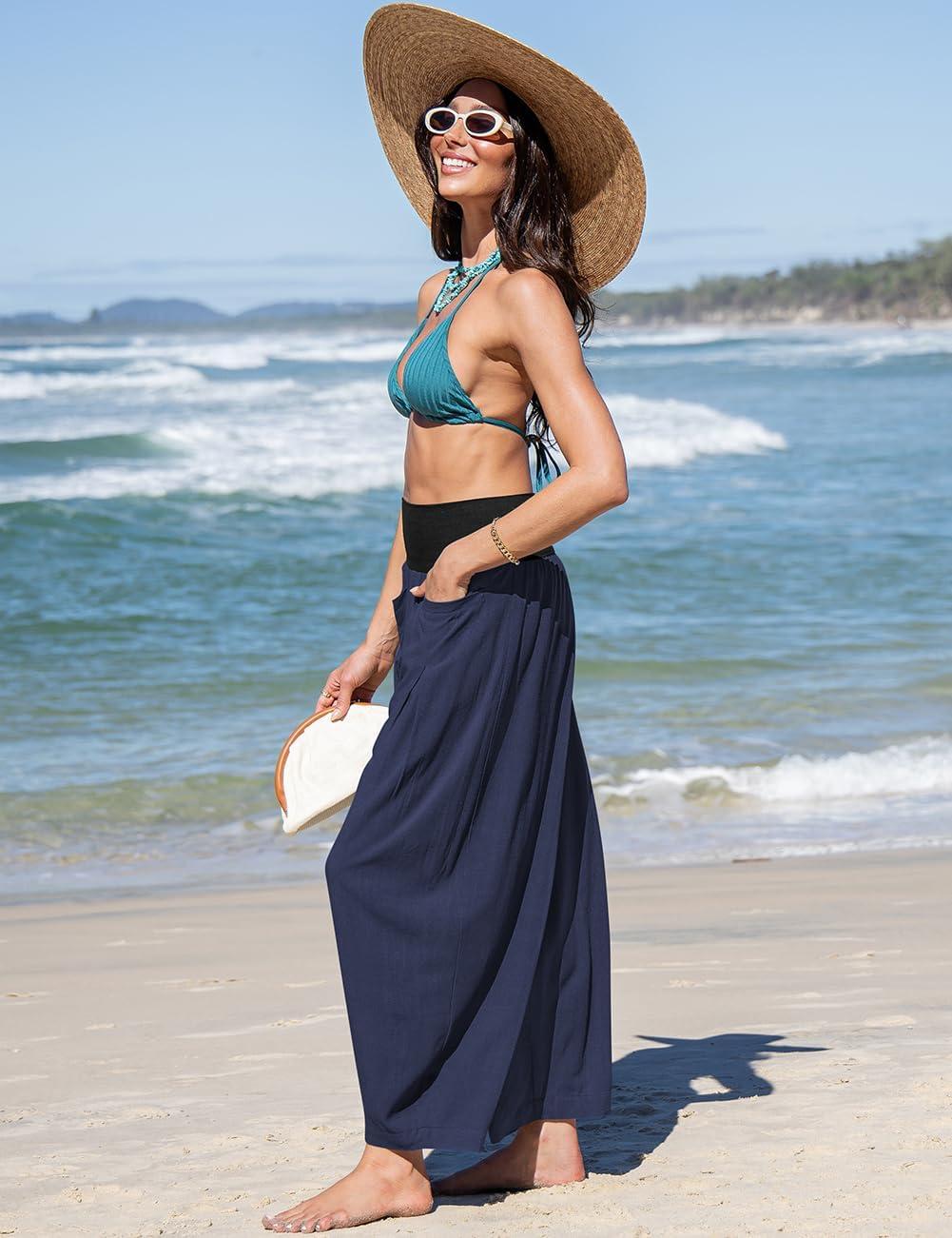 imageTARSE Womens Linen Harem Pants Loose Fit Boho Casual Trousers Wide Leg Lounge Pants with PocketsNavy