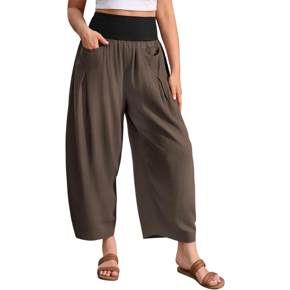 imageTARSE Womens Linen Harem Pants Loose Fit Boho Casual Trousers Wide Leg Lounge Pants with PocketsDark Coffee