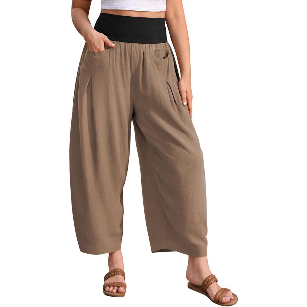 imageTARSE Womens Linen Harem Pants Loose Fit Boho Casual Trousers Wide Leg Lounge Pants with PocketsMid Coffee