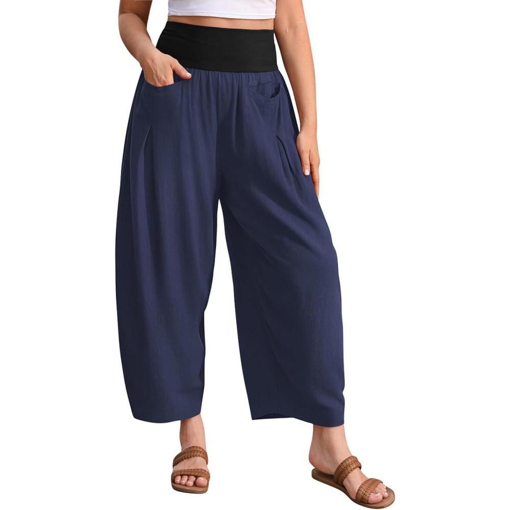 imageTARSE Womens Linen Harem Pants Loose Fit Boho Casual Trousers Wide Leg Lounge Pants with PocketsNavy