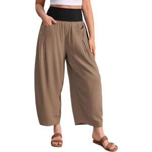 TARSE Women’s Linen Harem Pants Loose Fit Boho Casual Trousers Wide Leg Lounge Pants with Pockets(Mid Coffee)