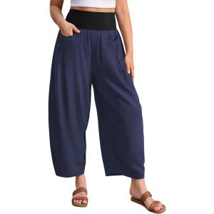 TARSE Women’s Linen Harem Pants Loose Fit Boho Casual Trousers Wide Leg Lounge Pants with Pockets(Navy)