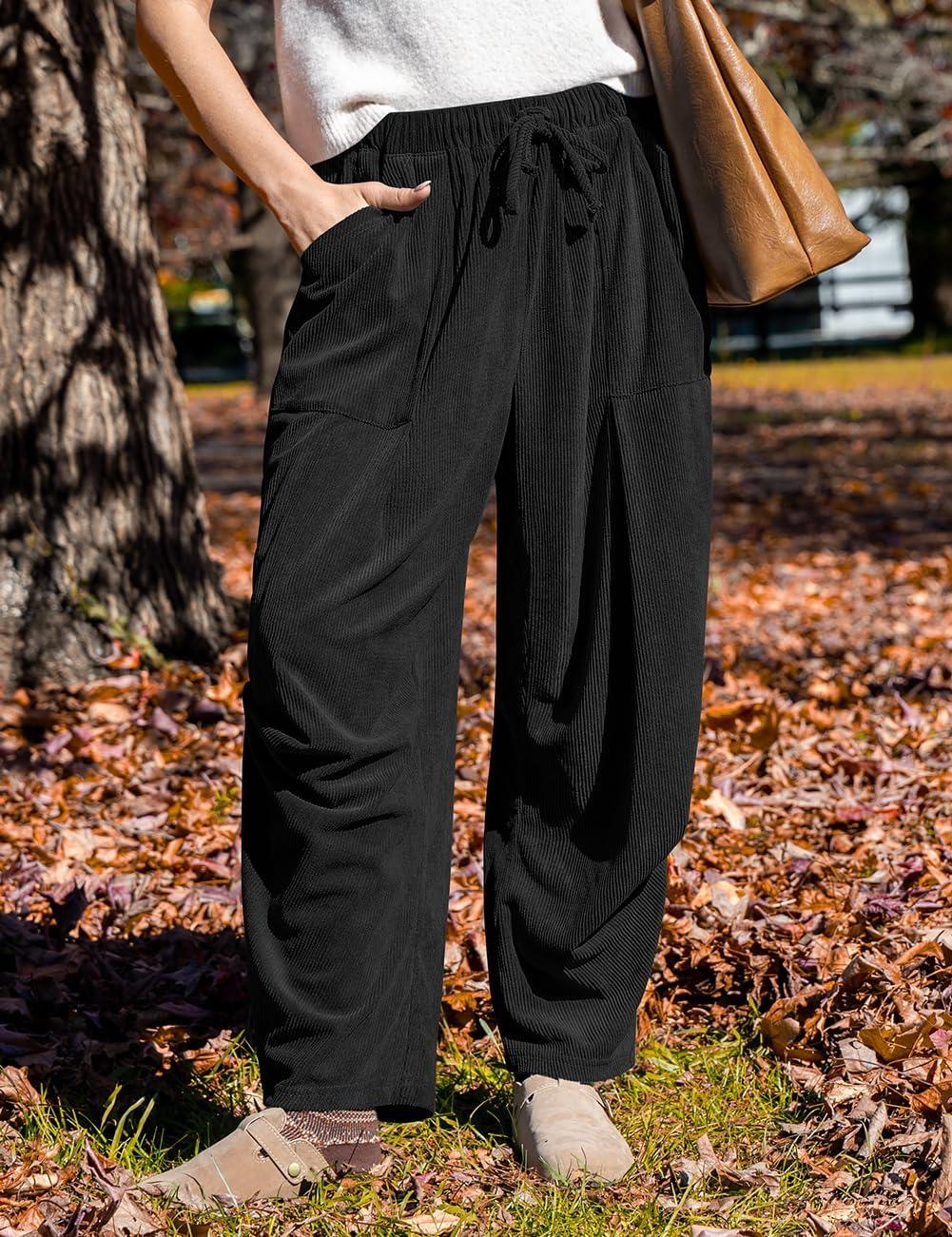 imageTARSE Women Corduroy Baggy Harem Pants Drawstring Loose Wide Leg Casual Lounge Pant 2025 Travel Vacation Clothes with PocketsBlack