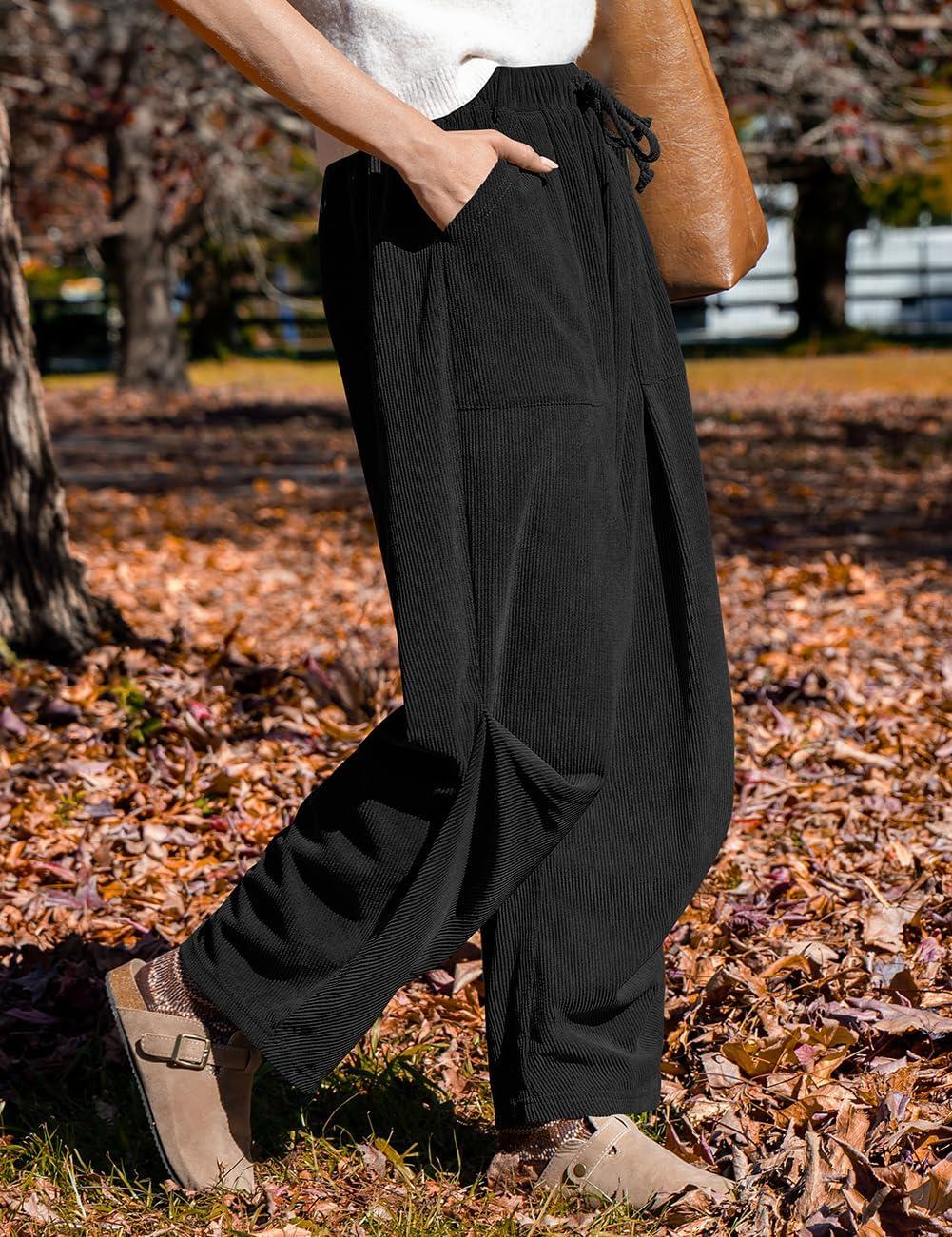 imageTARSE Women Corduroy Baggy Harem Pants Drawstring Loose Wide Leg Casual Lounge Pant 2025 Travel Vacation Clothes with PocketsBlack