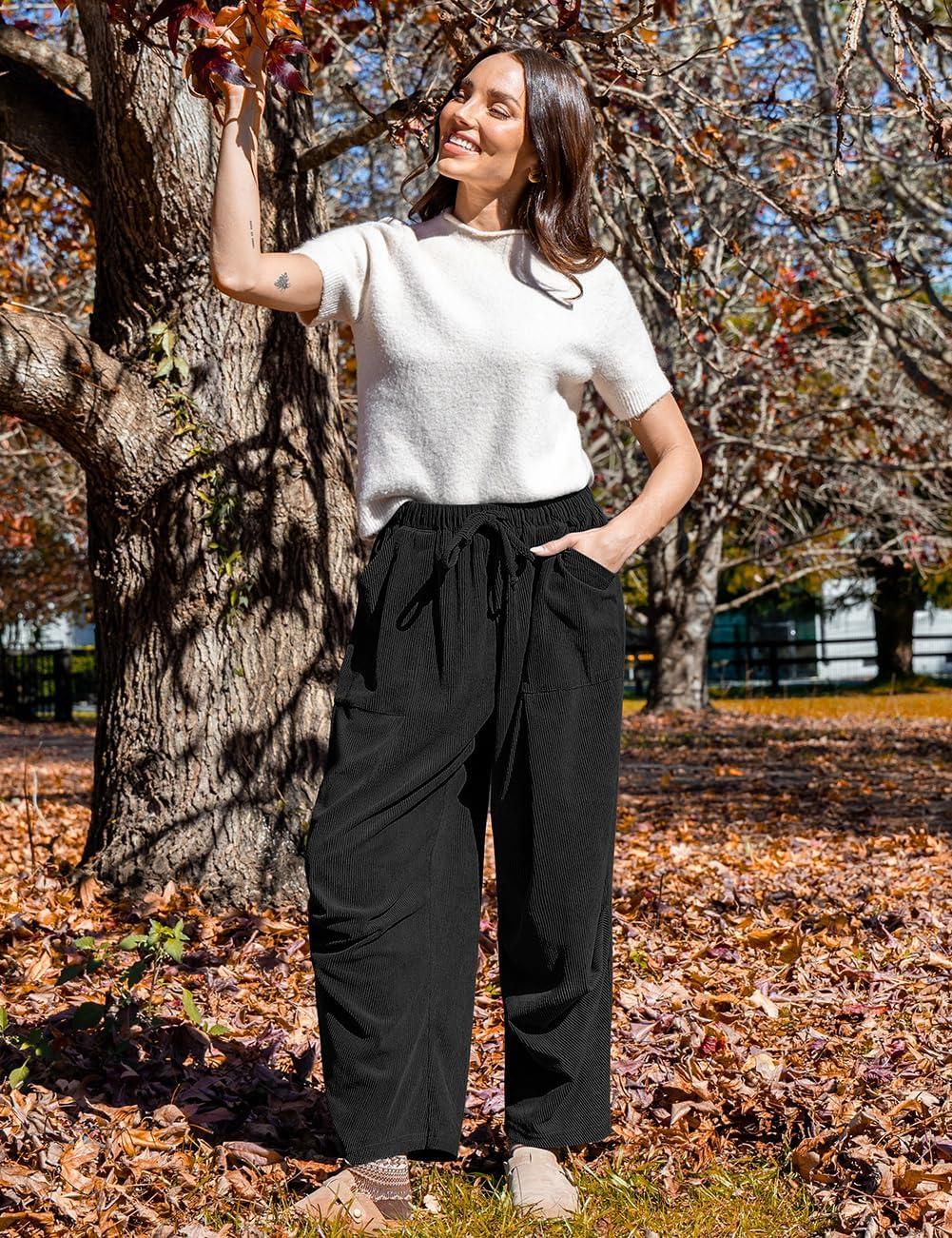 imageTARSE Women Corduroy Baggy Harem Pants Drawstring Loose Wide Leg Casual Lounge Pant 2025 Travel Vacation Clothes with PocketsBlack