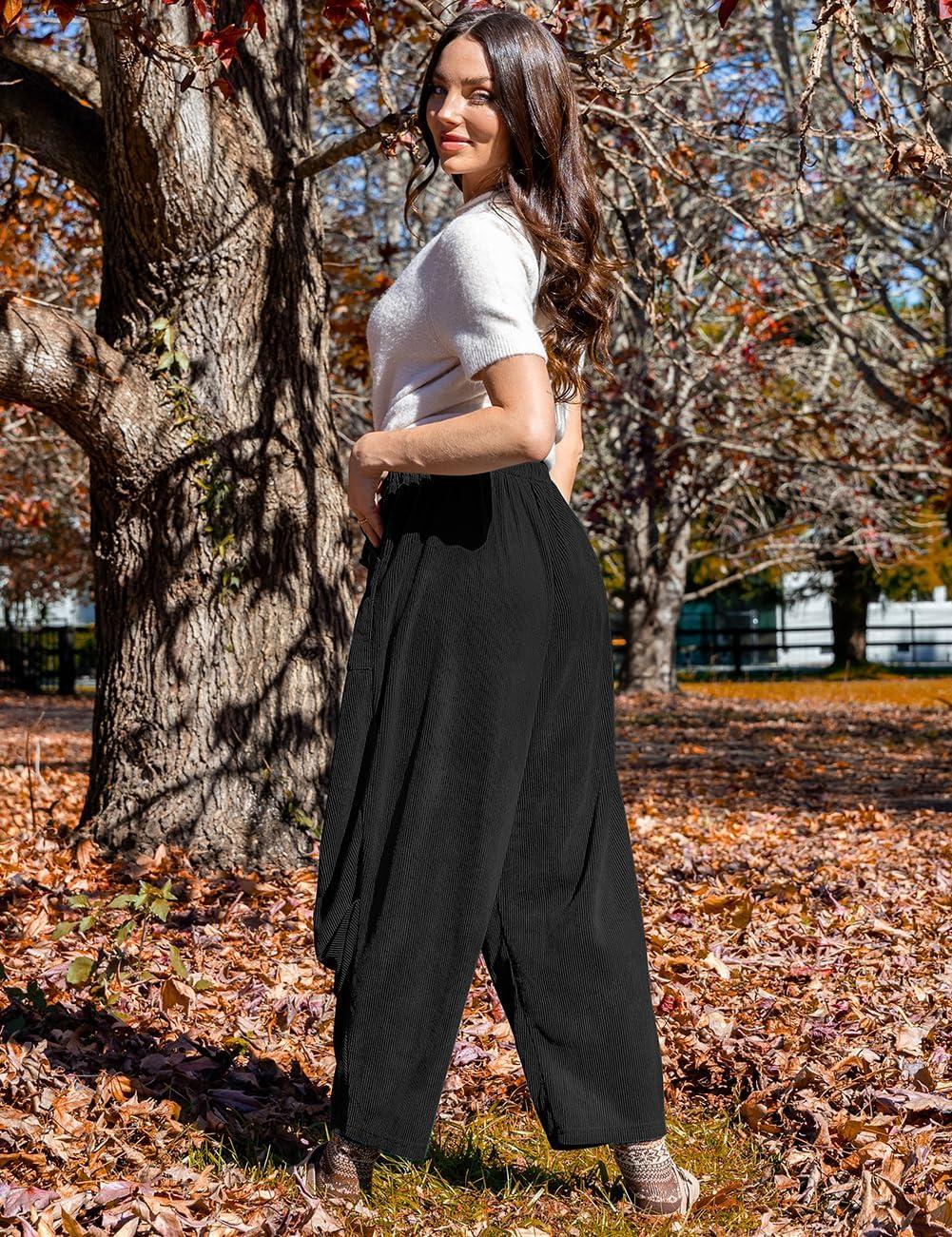 imageTARSE Women Corduroy Baggy Harem Pants Drawstring Loose Wide Leg Casual Lounge Pant 2025 Travel Vacation Clothes with PocketsBlack