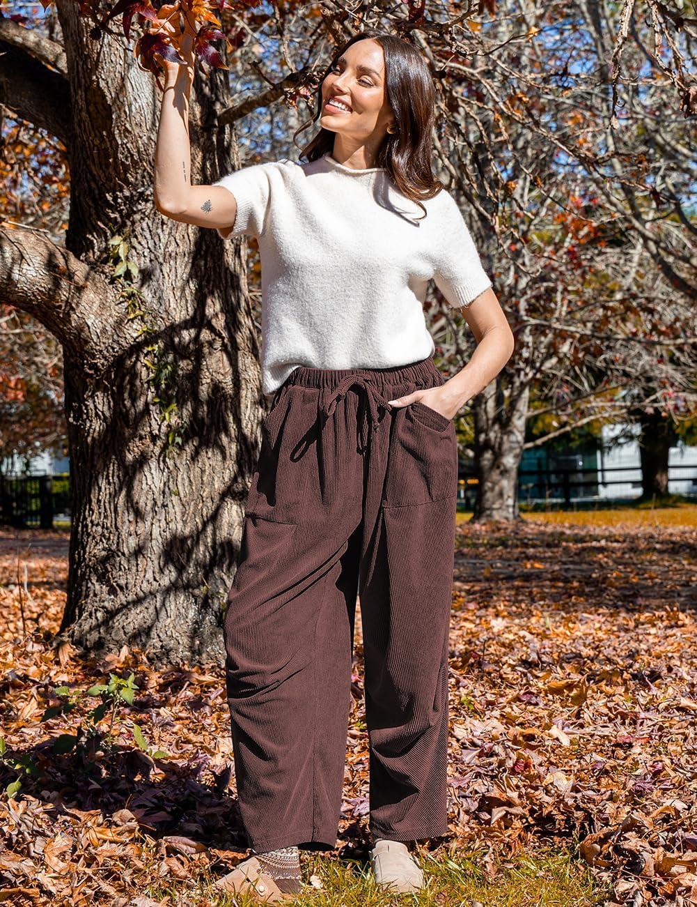 imageTARSE Women Corduroy Baggy Harem Pants Drawstring Loose Wide Leg Casual Lounge Pant 2025 Travel Vacation Clothes with PocketsDark Coffee