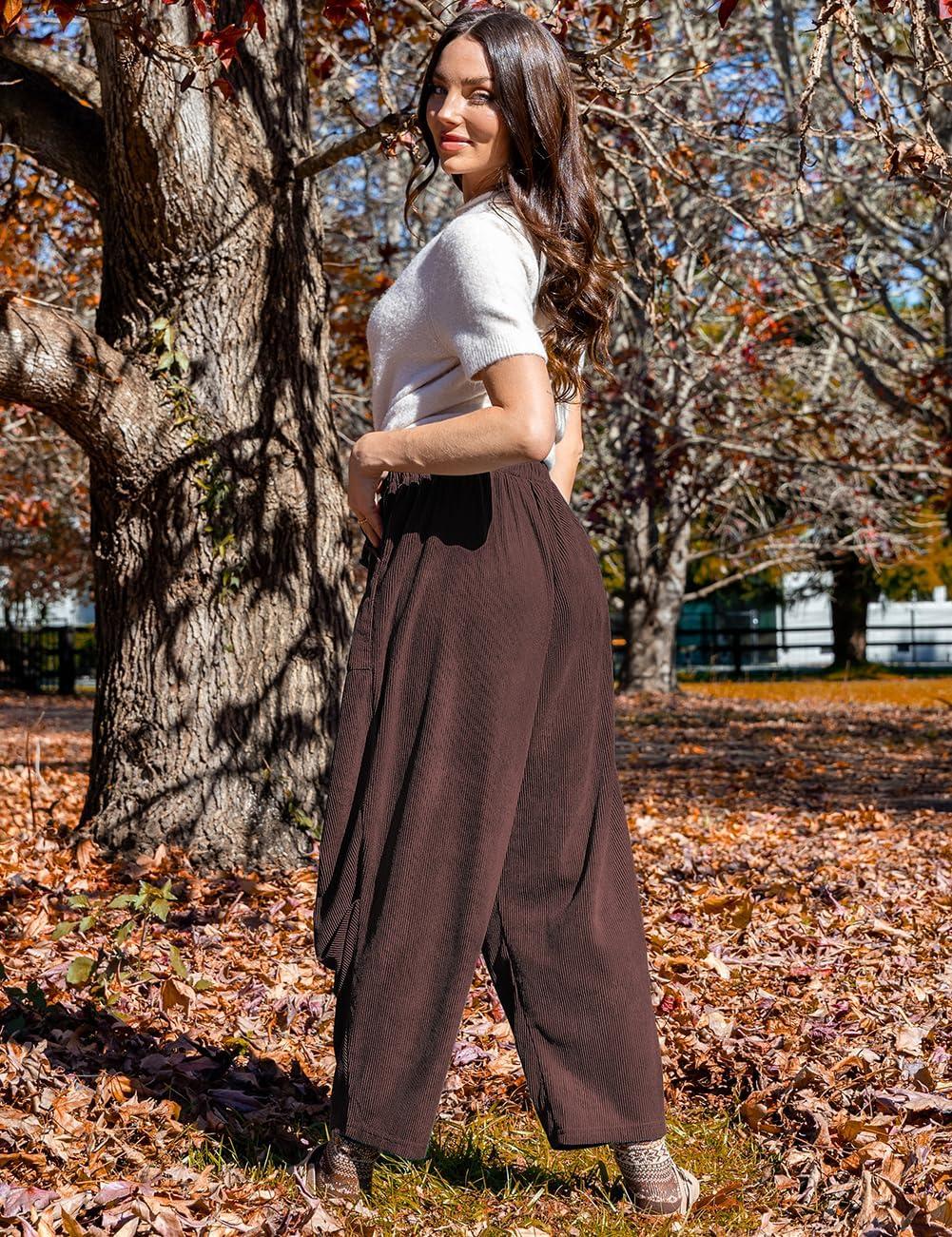 imageTARSE Women Corduroy Baggy Harem Pants Drawstring Loose Wide Leg Casual Lounge Pant 2025 Travel Vacation Clothes with PocketsDark Coffee