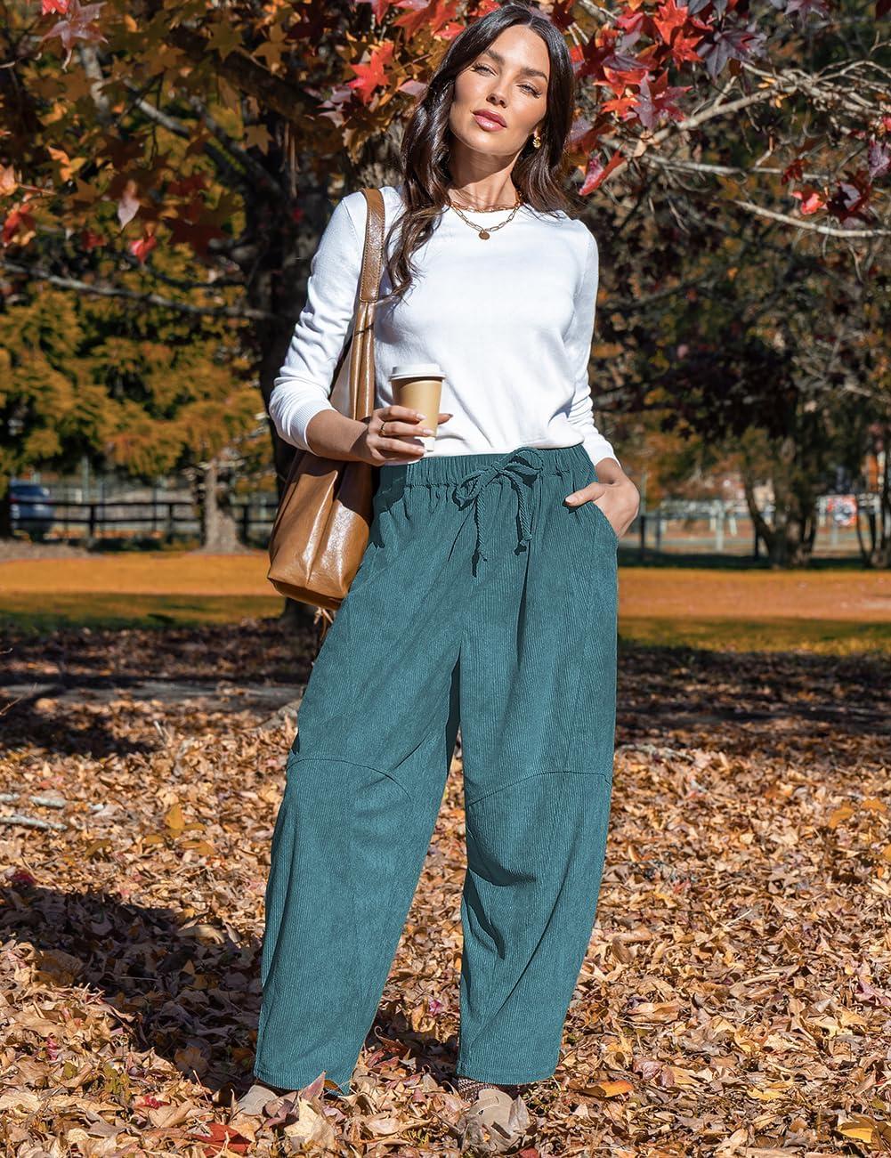 imageTARSE Womens Corduroy Harem Pants Casual Elastic Waist Wide Leg Pants Loose Fit Baggy Trousers with PocketsLake Blue