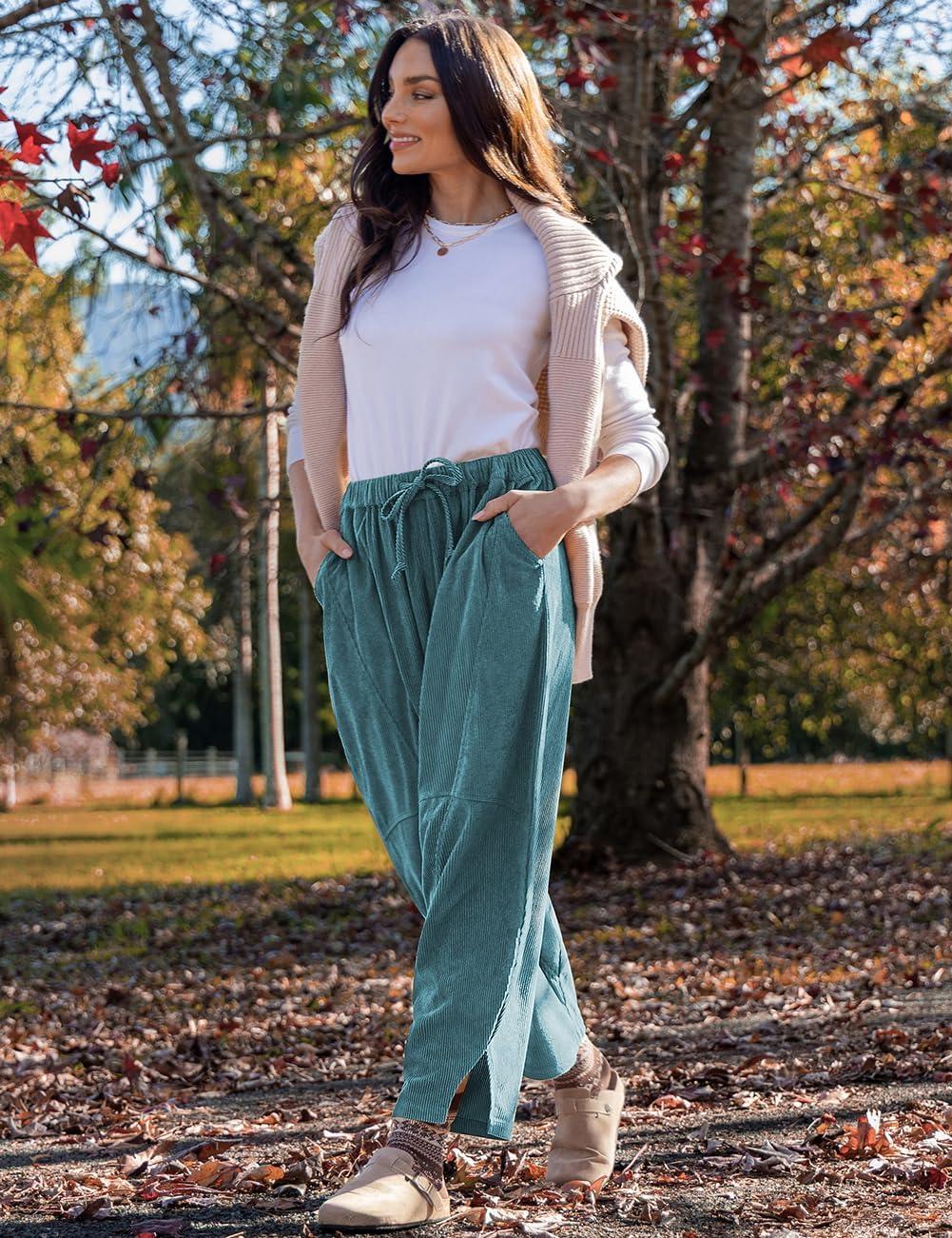 imageTARSE Womens Corduroy Harem Pants Casual Elastic Waist Wide Leg Pants Loose Fit Baggy Trousers with PocketsLake Blue