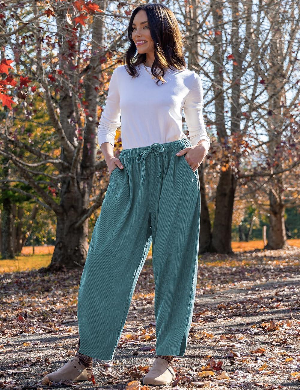 imageTARSE Womens Corduroy Harem Pants Casual Elastic Waist Wide Leg Pants Loose Fit Baggy Trousers with PocketsLake Blue