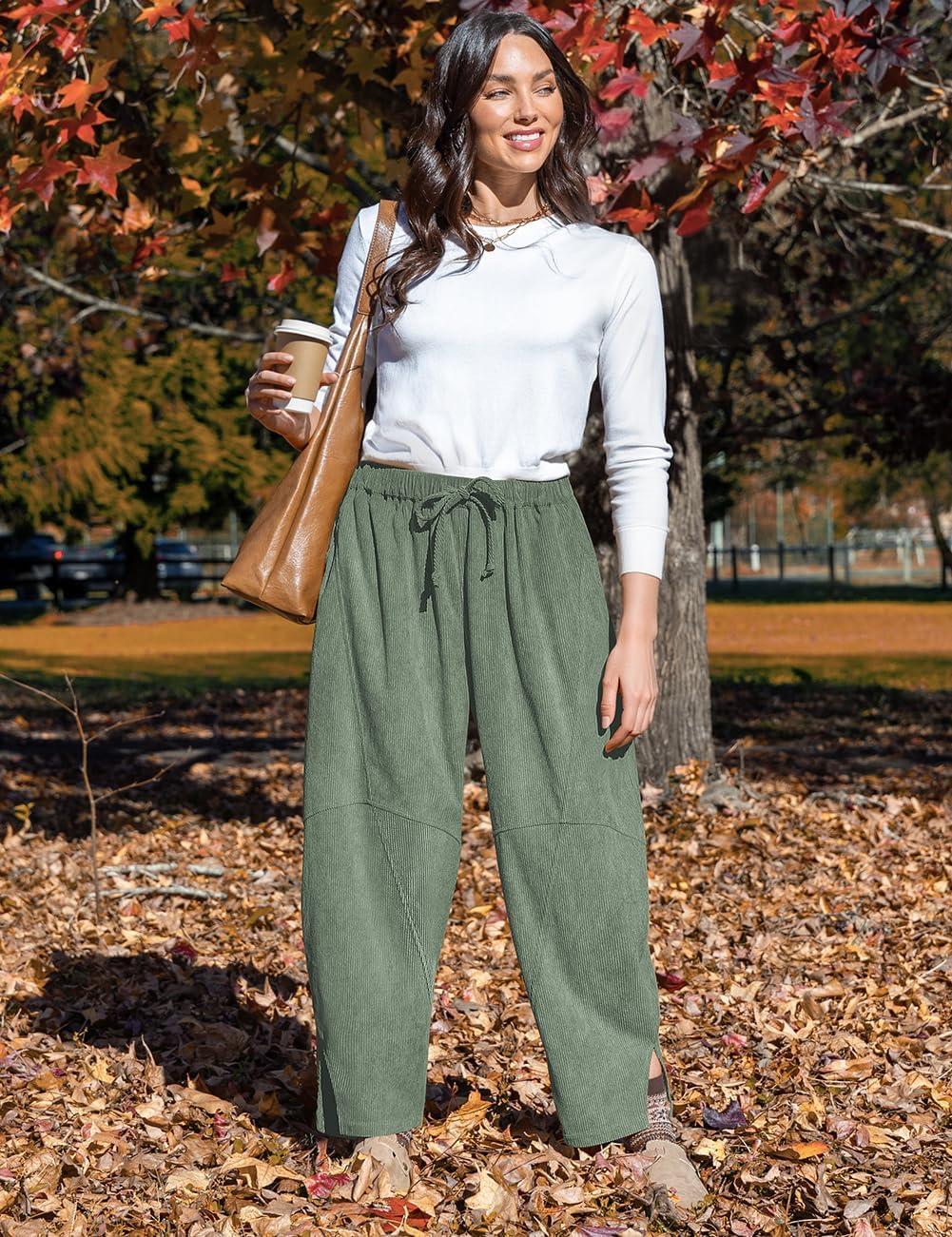 imageTARSE Womens Corduroy Harem Pants Casual Elastic Waist Wide Leg Pants Loose Fit Baggy Trousers with PocketsLight Army Green