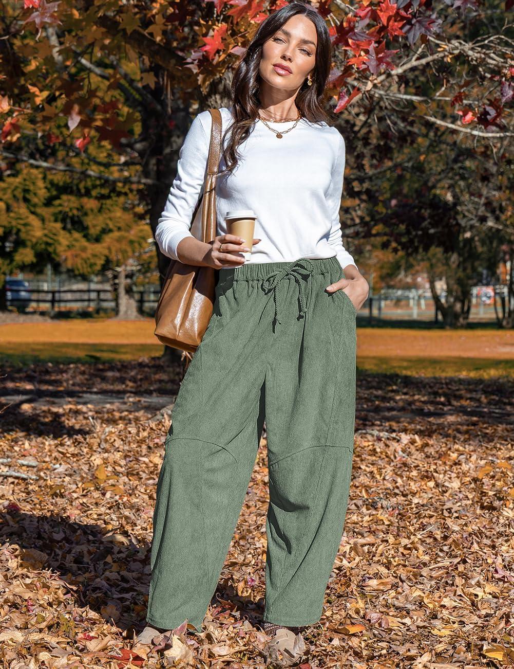 imageTARSE Womens Corduroy Harem Pants Casual Elastic Waist Wide Leg Pants Loose Fit Baggy Trousers with PocketsLight Army Green