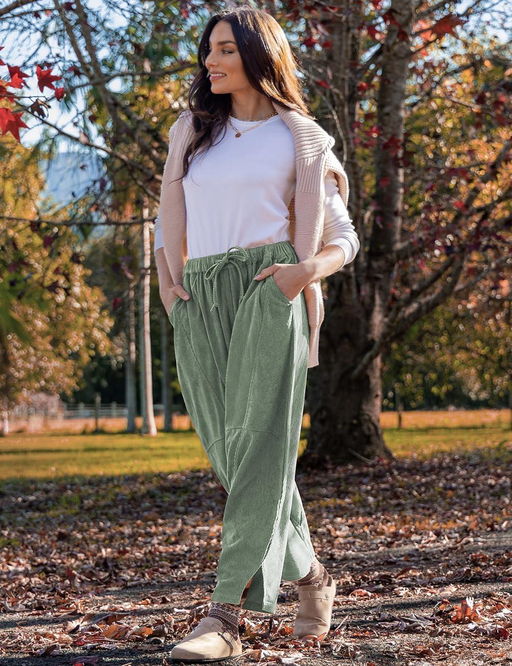 imageTARSE Womens Corduroy Harem Pants Casual Elastic Waist Wide Leg Pants Loose Fit Baggy Trousers with PocketsLight Army Green