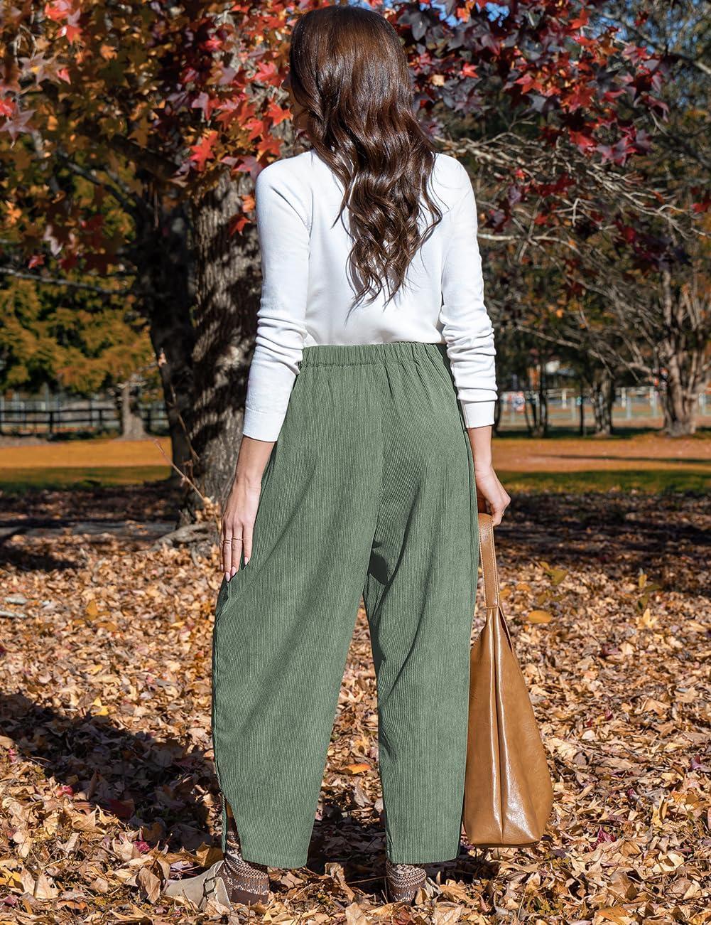 imageTARSE Womens Corduroy Harem Pants Casual Elastic Waist Wide Leg Pants Loose Fit Baggy Trousers with PocketsLight Army Green