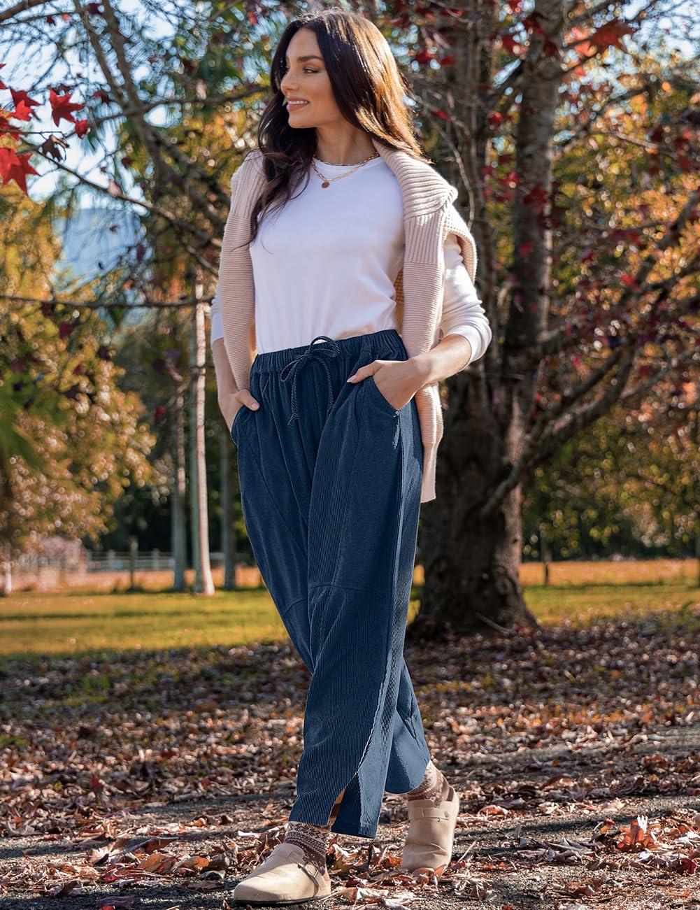 imageTARSE Womens Corduroy Harem Pants Casual Elastic Waist Wide Leg Pants Loose Fit Baggy Trousers with PocketsNavy