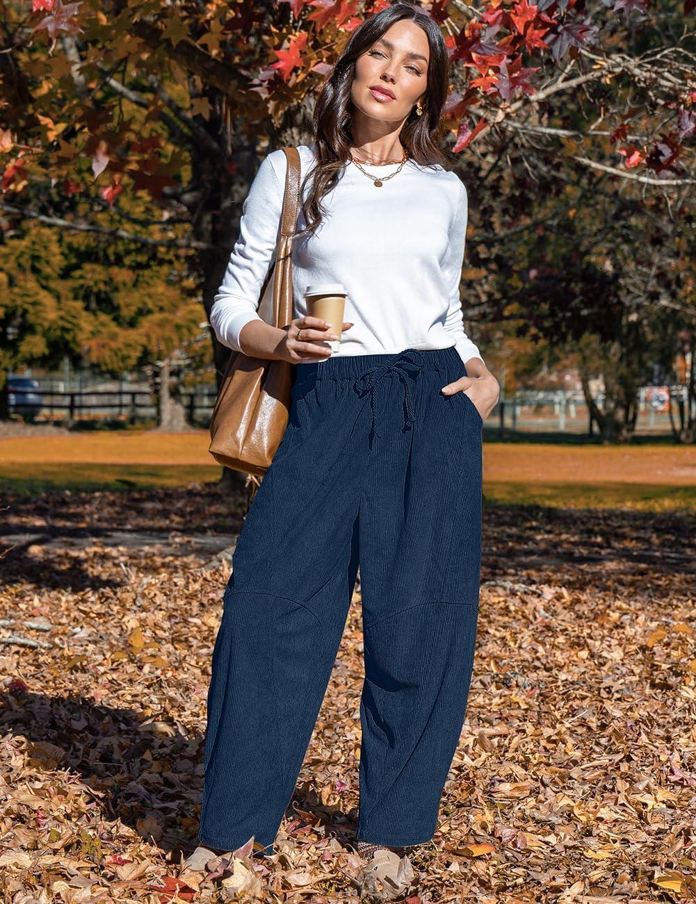 imageTARSE Womens Corduroy Harem Pants Casual Elastic Waist Wide Leg Pants Loose Fit Baggy Trousers with PocketsNavy