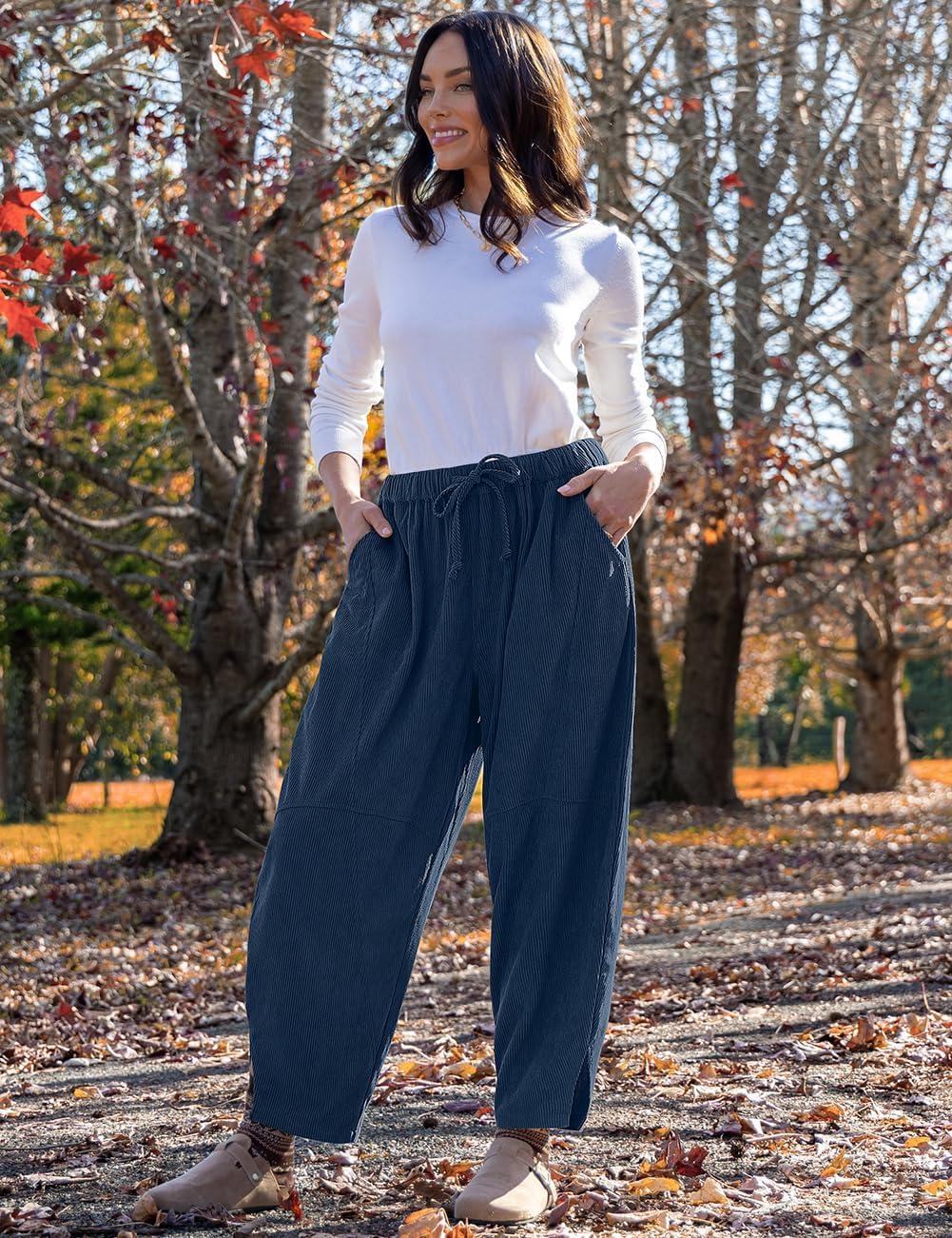 imageTARSE Womens Corduroy Harem Pants Casual Elastic Waist Wide Leg Pants Loose Fit Baggy Trousers with PocketsNavy