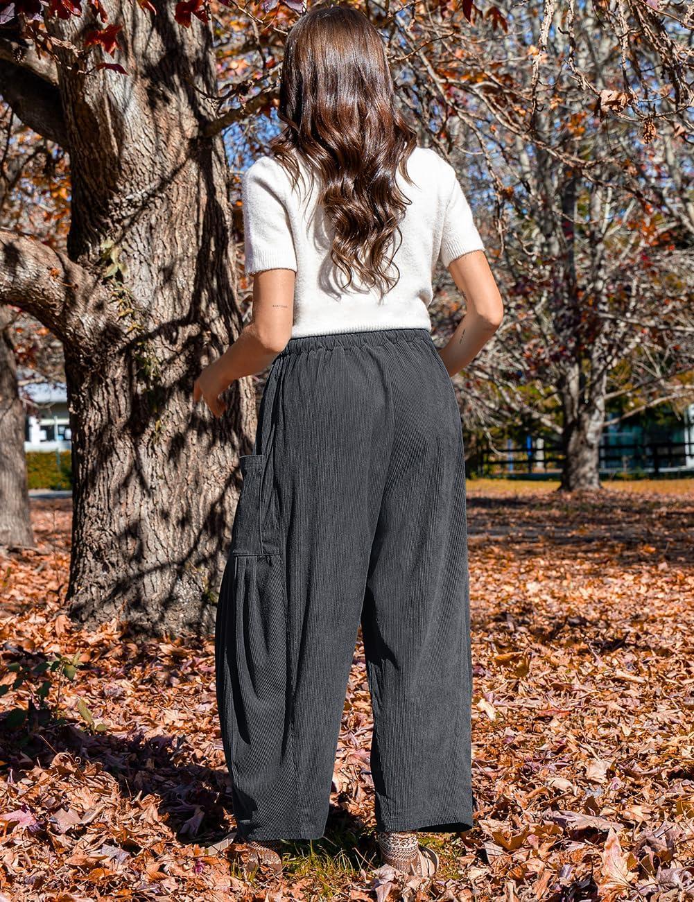 imageTARSE Womens Corduroy Pants Barrel Casual Loose Baggy Drawstring Wide Leg Palazzo Harem Pants with PocketsDark Gray