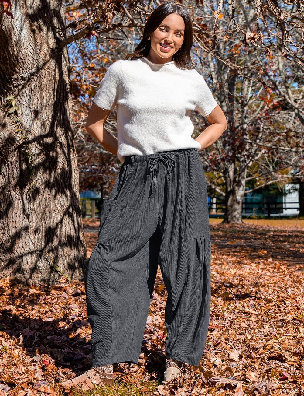 imageTARSE Womens Corduroy Pants Barrel Casual Loose Baggy Drawstring Wide Leg Palazzo Harem Pants with PocketsDark Gray