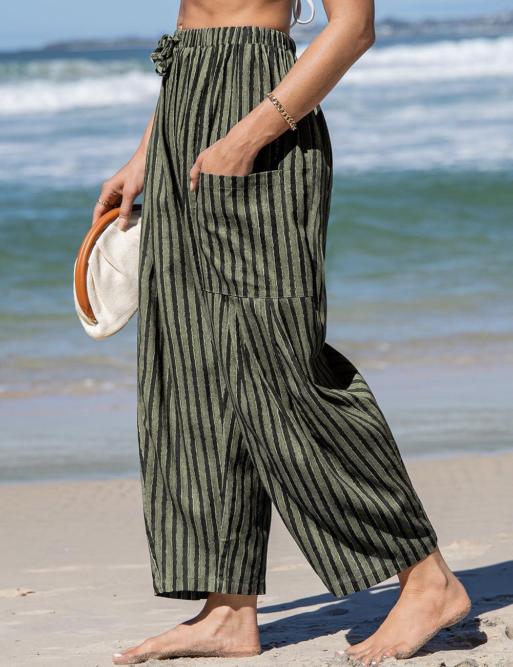 imageTARSE Womens Linen Wide Leg Pants Casual Loose Drawstring Summer 2025 Beach Travel Vacation Palazzo Harem Pants with PocketsBlack Green Striped