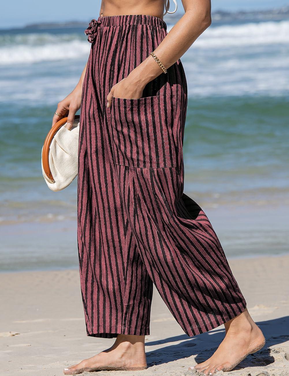 imageTARSE Womens Linen Wide Leg Pants Casual Loose Drawstring Summer 2025 Beach Travel Vacation Palazzo Harem Pants with PocketsBlack Rose Striped