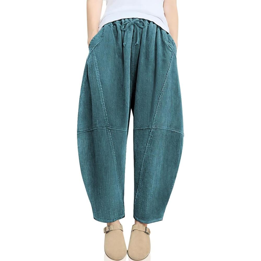 imageTARSE Womens Corduroy Harem Pants Casual Elastic Waist Wide Leg Pants Loose Fit Baggy Trousers with PocketsLake Blue