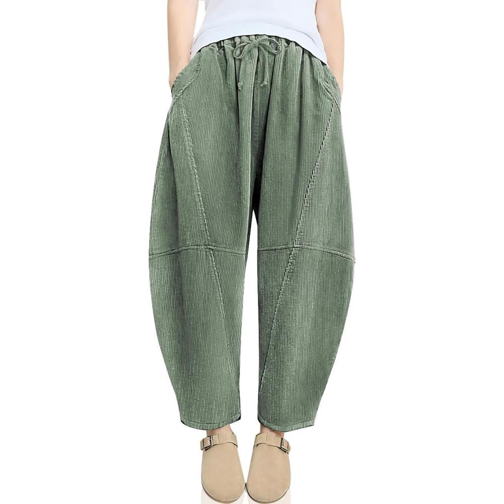 imageTARSE Womens Corduroy Harem Pants Casual Elastic Waist Wide Leg Pants Loose Fit Baggy Trousers with PocketsLight Army Green