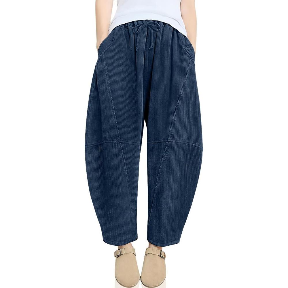 imageTARSE Womens Corduroy Harem Pants Casual Elastic Waist Wide Leg Pants Loose Fit Baggy Trousers with PocketsNavy