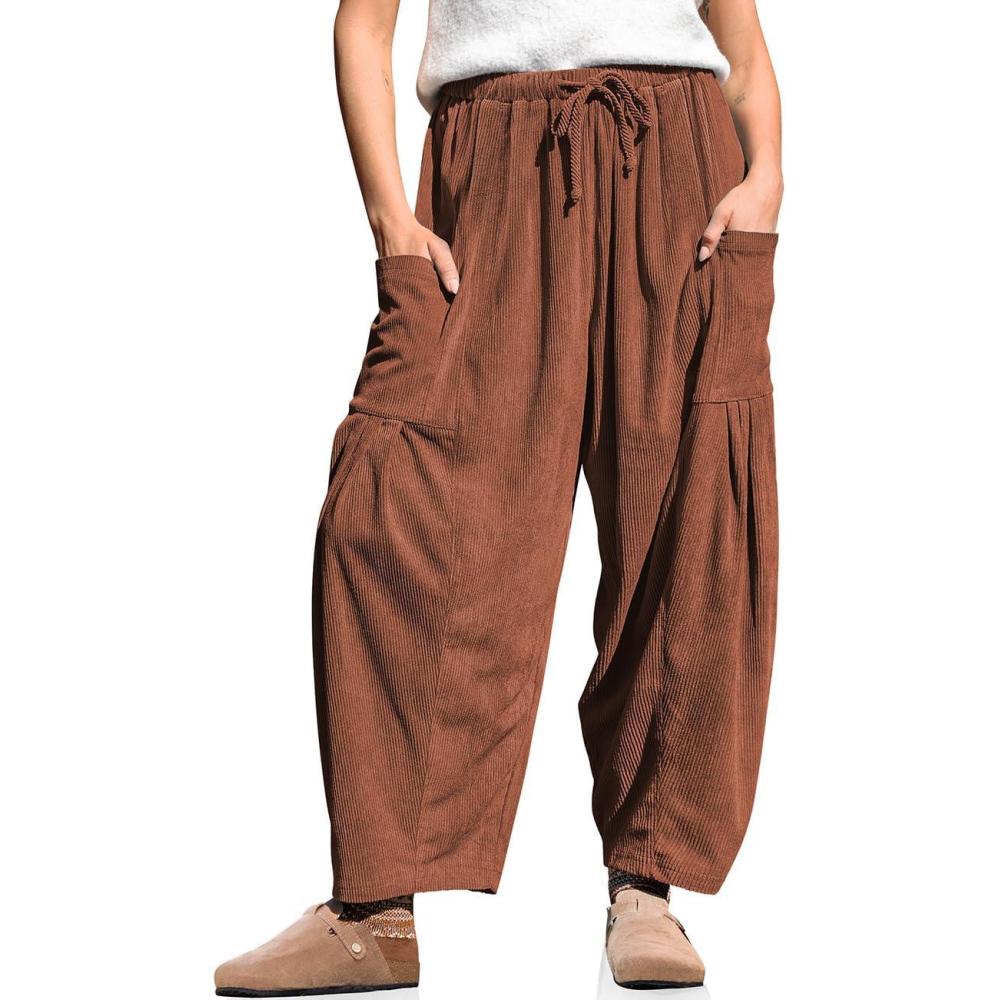 imageTARSE Womens Corduroy Pants Barrel Casual Loose Baggy Drawstring Wide Leg Palazzo Harem Pants with PocketsBrown