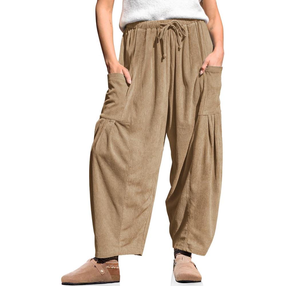 imageTARSE Womens Corduroy Pants Barrel Casual Loose Baggy Drawstring Wide Leg Palazzo Harem Pants with PocketsCamel