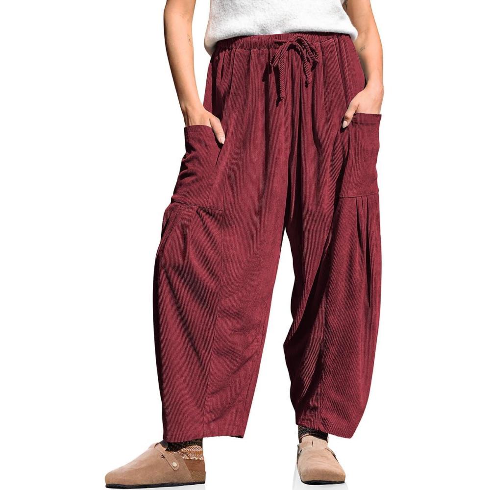 imageTARSE Womens Corduroy Pants Barrel Casual Loose Baggy Drawstring Wide Leg Palazzo Harem Pants with PocketsWine