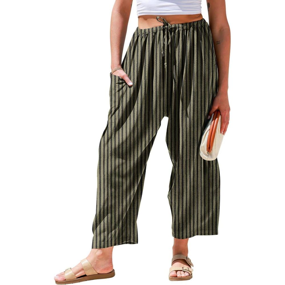 imageTARSE Womens Linen Wide Leg Pants Casual Loose Drawstring Summer 2025 Beach Travel Vacation Palazzo Harem Pants with PocketsBlack Green Striped